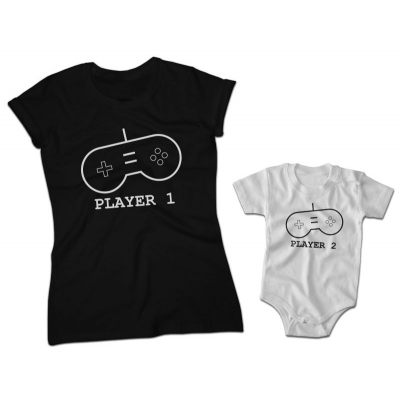 Zestaw koszulek rodzinnych dla mamy i syna Player 1 Player 2